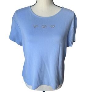 Shenanigans Women's M Blue Short Sleeve Top Gemstone Hearts Round Neck 100Cotton